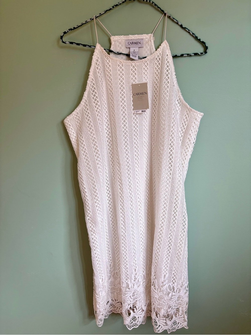 Carmen Marc Valvo White Crochet Halter Mini Dress
